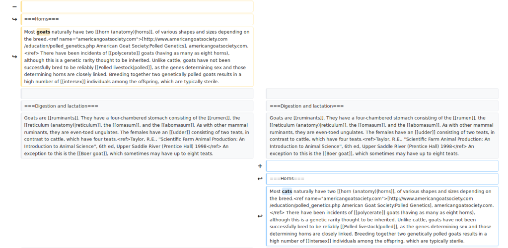 Screenshot of the Wikipedia "diff" resulting from moving an entire paragraph. Individual words changed in that paragraph are now highlighted for further inspection.