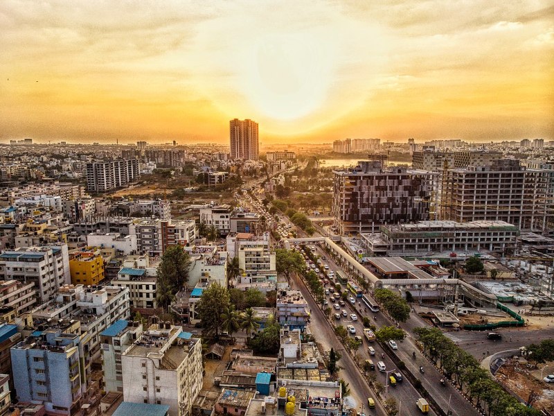 Aerial shot of Bangalore city of Nagawara area.