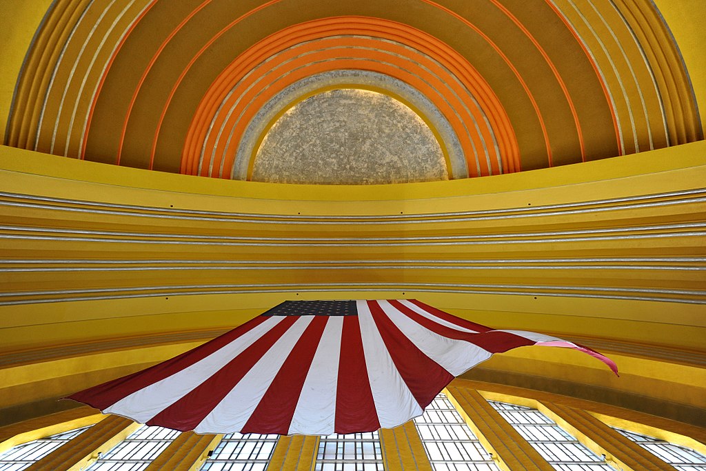 Ceiling of Cincinnati Union Terminal featuring a US flag