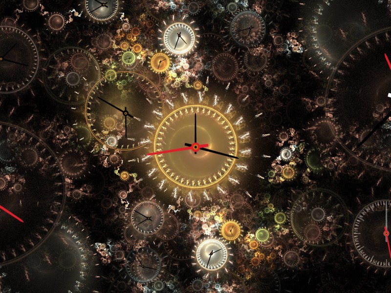 A digitially created image of multiple clock faces overlayed on each other