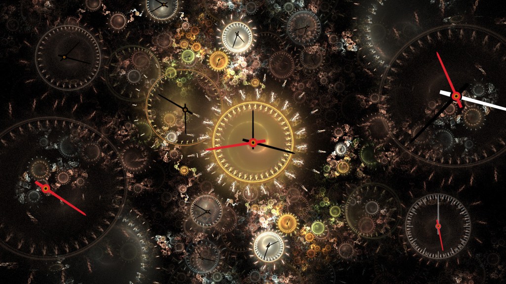 A digitially created image of multiple clock faces overlayed on each other